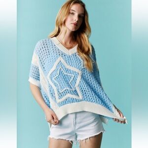 928. Stars crocheted knit short sleeve sweater blue and white